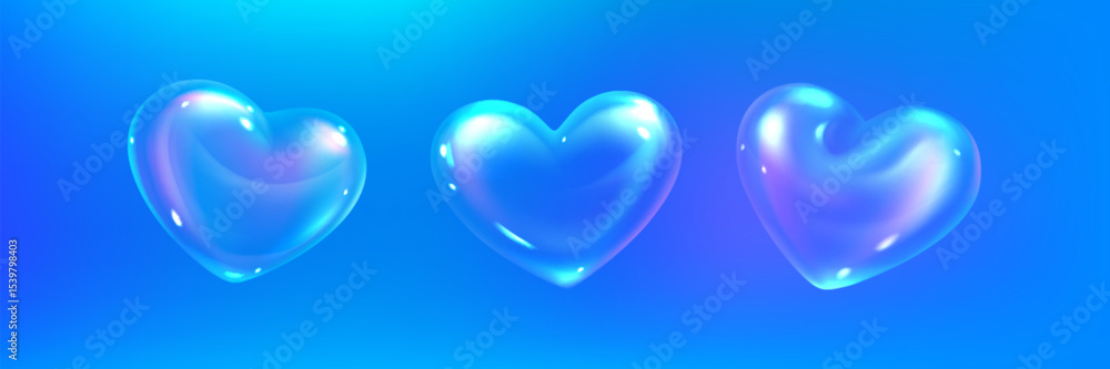 Poster glossy 3d soap heart bubbles floating on blue background - transparent iridescent shapes with reflec
