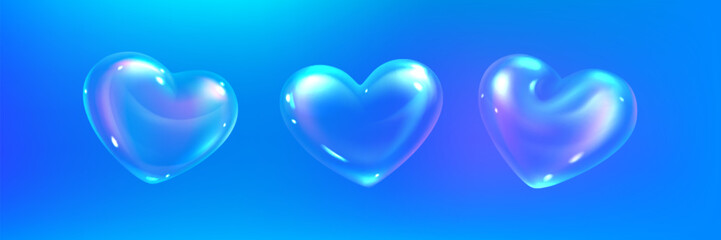 Glossy 3d soap heart bubbles floating on blue background - transparent iridescent shapes with reflective surfaces. Romantic Valentine elements for beauty products, love cards or dreamy digital art.