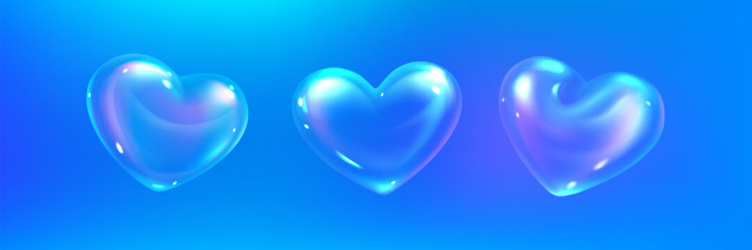 Glossy 3d soap heart bubbles floating on blue background - transparent iridescent shapes with reflective surfaces. Romantic Valentine elements for beauty products, love cards or dreamy digital art.