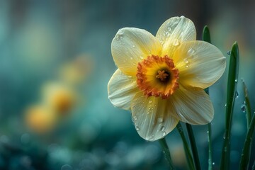 Soft yellow daffodil on a light green bokeh background, Easter Sunday theme, fresh and cheerful spring floral concept