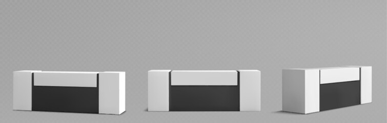 Modern reception table collection - minimalist counter design with sleek black and white tone finish surfaces. Counter for office lobby, hotel entrance, exhibition or corporate workspace furniture.