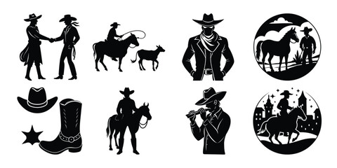 silhouette bundle of cowboy on white background