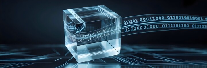 Transparent cube with glowing binary code in dark space – Great for digital art, cyber security, or data visualization themes.
