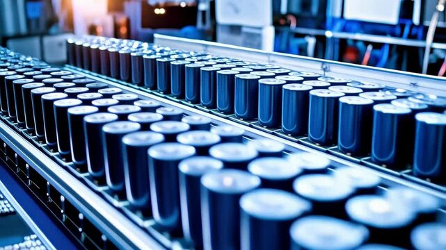 Manufacturing assembly line transporting cylindrical batteries for electric vehicle production