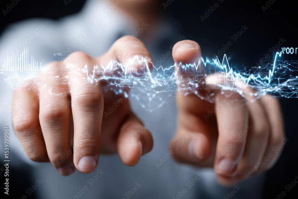 Poster manipulating digital data visualization with hands near a glowing interface