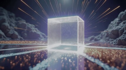 A glowing, translucent cube stands amidst a textured landscape, illuminated by radiant streaks of light. A surreal, otherworldly scene - Powered by Adobe