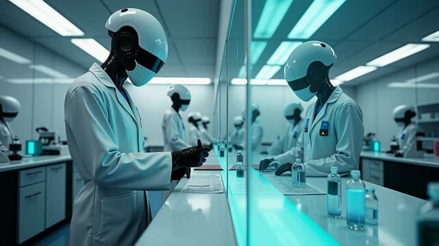 Bionic robots conducting experiments in cutting-edge biochemical laboratory
