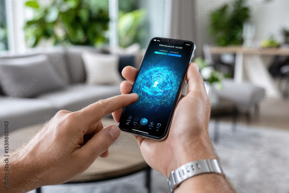 Poster smartphone user interacts with wireless connection app in modern indoor setting