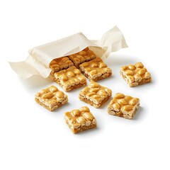 peanut brittle squares in compostable wrap, angled unwrapped , isolated on white background