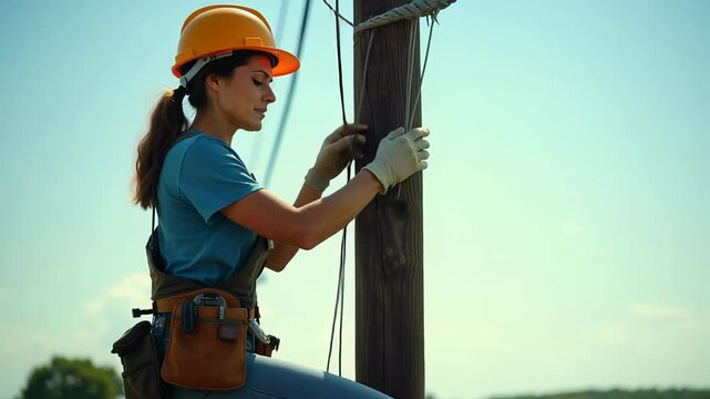 Female electrician fitter climbs utility pole and inspects wires with precision in countryside