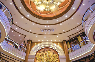 Opulent Art Deco interior architecture inside lobby, atrium or foyer on modern ocean liner style...