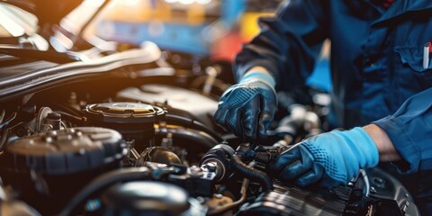 A mechanic in a blue uniform is working on a car engine in a workshop with a blurred background.