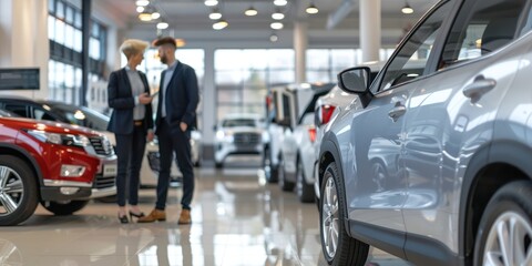 Two men in suits discussing a car in a spacious showroom with large windows and a polished floor.