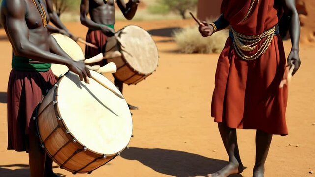 Masked dancer performs traditional ritual in Mali with villagers joining in rhythmic drumming.