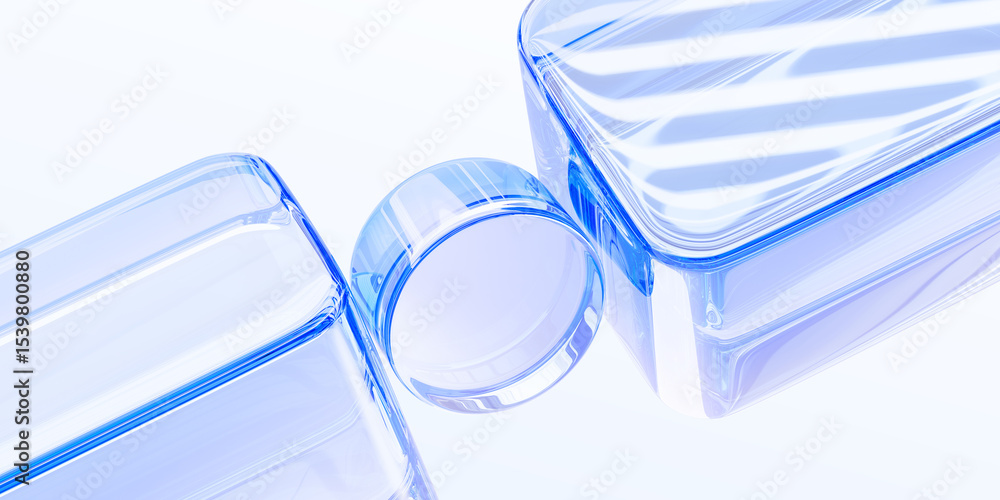 Aufkleber light blue background with glass transparent circle and cubes 3d render. abstract diagonal line patt