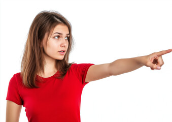 Young Woman in Red Shirt Pointing at Empty Space – High-Quality Stock Photo with Professional Color Grading, Minimal Contrast, and Clean, Sharp Focus on White Background