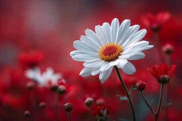 Sunlit white daisy on a blurred red backdrop, summer celebration concept, bright and happy floral artwork