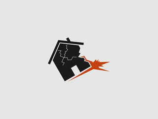 A dark silhouette of a damaged house with visible cracks and an orange explosion emanating from its side