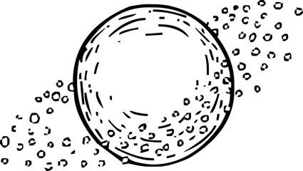 Hand-drawn round sketch icon with scattered decorative elements, ideal for abstract, creative, space, and conceptual vector designs.