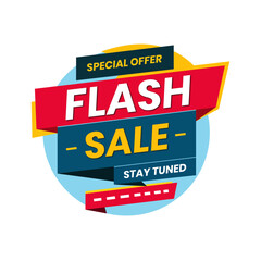 Bold Flash Sale Text with Ribbons and Abstract Geometric Shapes on Crisp White Background. Blue and Red Editable Banner.  E-Commerce