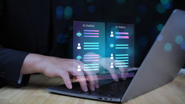 AI Chatbot Interface with Smart Digital Conversation.A modern AI chatbot interface with glowing chat bubbles and smart reply features. Perfect for illustrating artificial intelligence, 