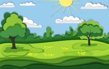 Vector illustration of a vibrant landscape with rolling green hills, trees, fluffy clouds, and a bright sun shining in the sky. Paper cut style