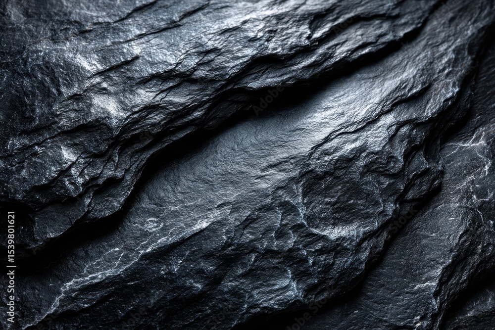 Aufkleber dark textured rock surface with intricate patterns and shadows in natural light