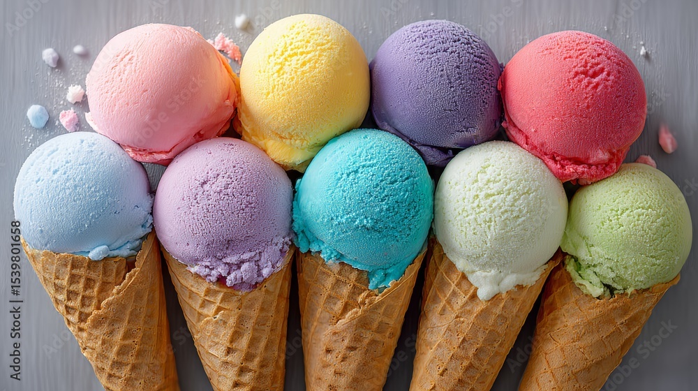 Poster group of colorful ice cream cones with various flavors are displayed in a row. the cones are filled 