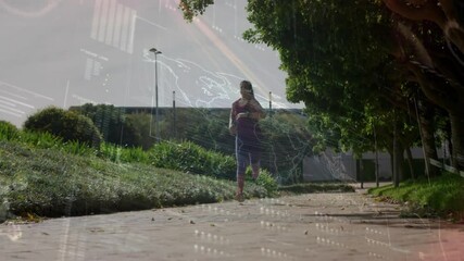 Female runner approaching camera, activating animated fitness map overlay on sunlit urban greenway - Powered by Adobe