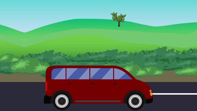 Auto car running on the road, 2d cartoon animation with nature fields and trees background