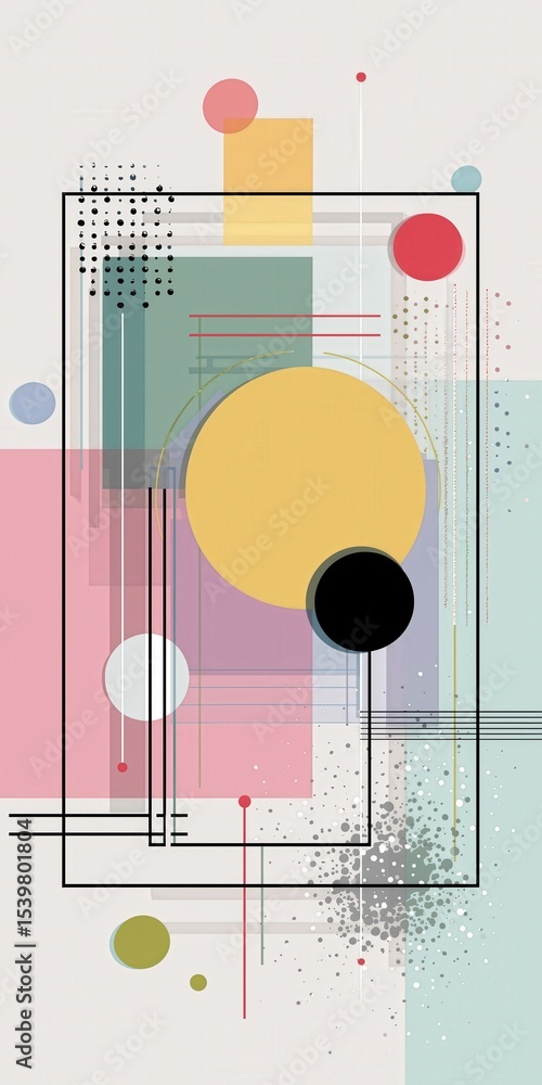 Poster abstract geometric composition featuring overlapping rectangles, circles, and lines in muted pastel 