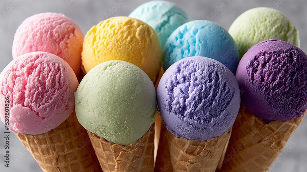 Poster row of ice cream cones with different colors of ice cream. the cones are arranged in a row and are f