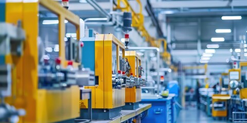 A modern, clean, and well-lit manufacturing facility with yellow machinery and blue and white structures. 