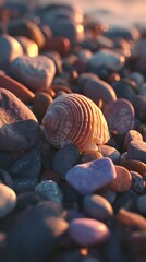 Obraz premium Close-up view of a seashell and pebbles on a beach.