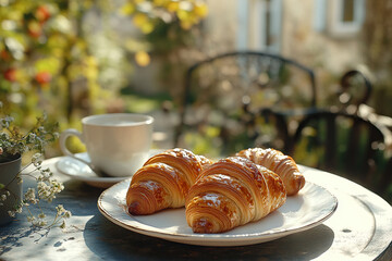 Delicious golden French croissants on a plate and a cup on a table with flowers in the garden in the morning. Generated by artificial intelligence