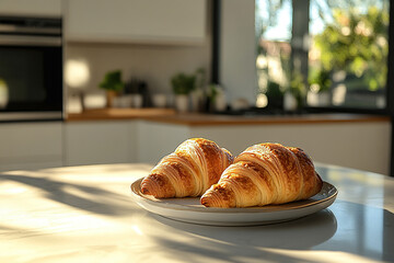 Two delicious fresh croissants on a plate in the kitchen. Pastries, breakfast, modern interior. Generated by artificial intelligence