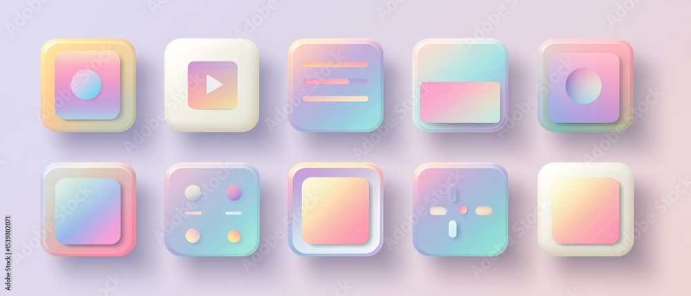 Poster a set of ten pastel-colored 3d app icons with smooth gradients and rounded edges, featuring various 