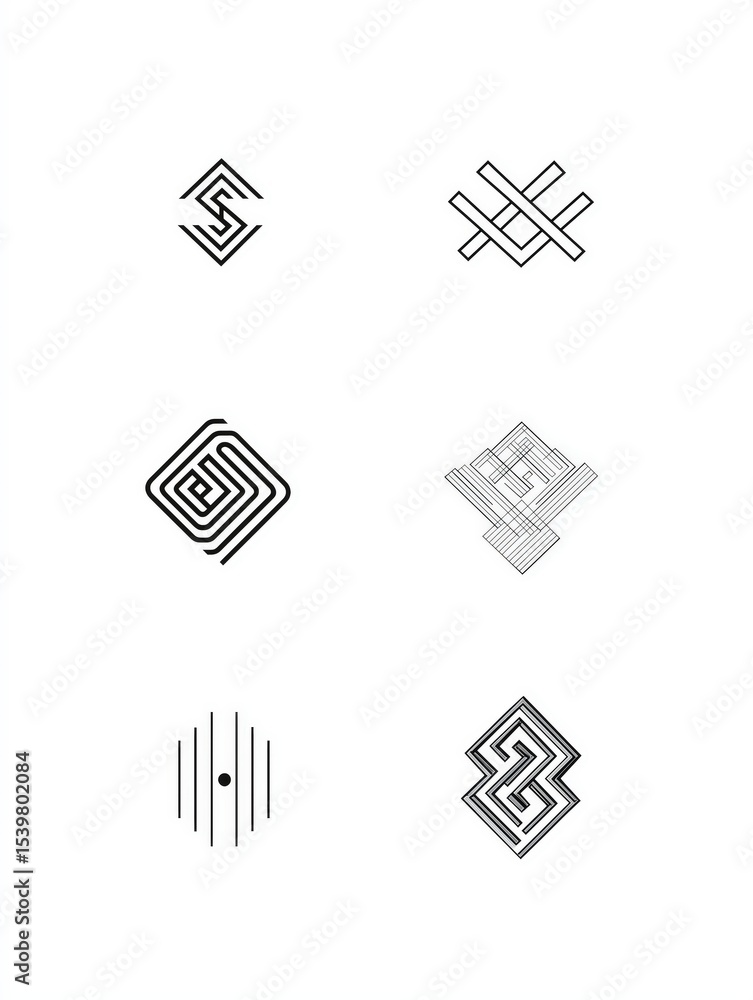 Poster six black and white abstract geometric patterns arranged in two columns on a white background.