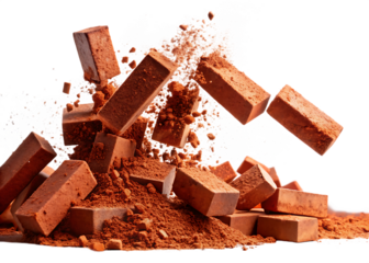 Thirtyeight falling red bricks dynamic composition studio setting cocoa powder dust explosion A I G E N E R A T E D - P N G isolated on a transparent background
