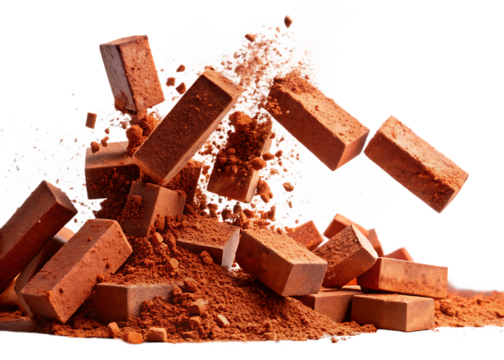 Thirtyeight falling red bricks dynamic composition studio setting cocoa powder dust explosion A I G E N E R A T E D - P N G isolated on a transparent background