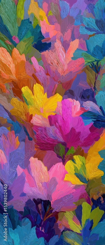 Poster abstract vibrant fan-shaped leaves in various bright colors create a textured and dynamic pattern wi