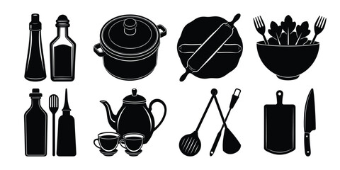 set of kitchen utensils silhouette on white background