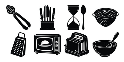 set of kitchen utensils silhouette on white background