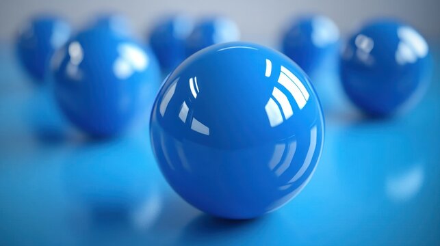 Glossy blue spheres on a reflective blue surface