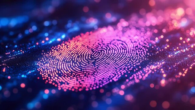 Glowing fingerprint scan with pink and blue hues, surrounded by digital particles - Powered by Adobe