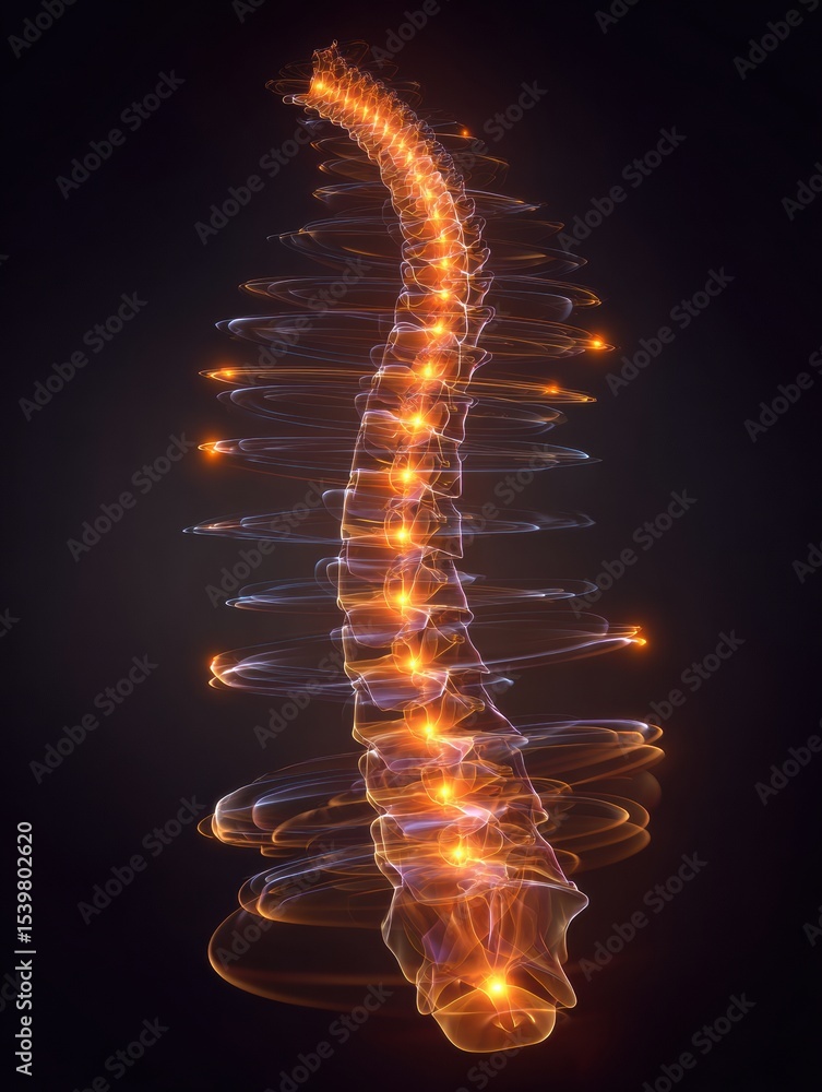 Poster energy pulses radiate along a stylized spinal line in a kinetic display of motion and light