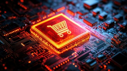 Glowing shopping cart icon on a complex circuit board