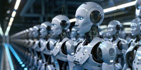 Fototapeta premium A group of robots in a futuristic, industrial setting with glowing blue lights and metallic surfaces. 
