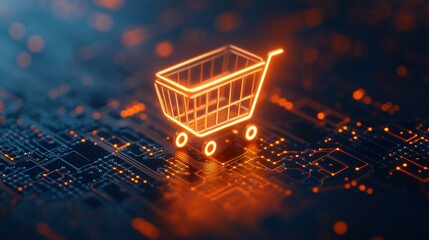 Glowing shopping cart on digital circuit background