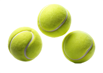 Three Bright Yellow Tennis Balls in Dynamic Falling Motion Against a Black Background A I G E N E R A T E D - P N G isolated on a transparent background
